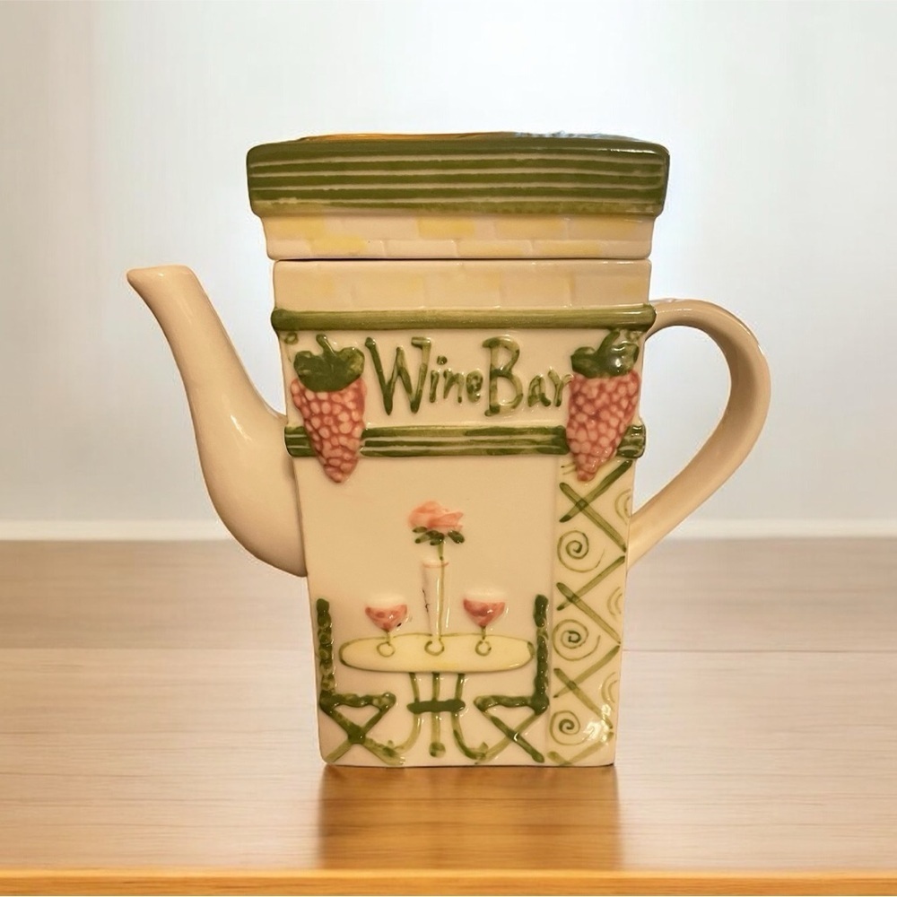 Vintage Teapot, Wine Bar Pitcher, Square 3-D, Raised Detail, Kitchen Decor